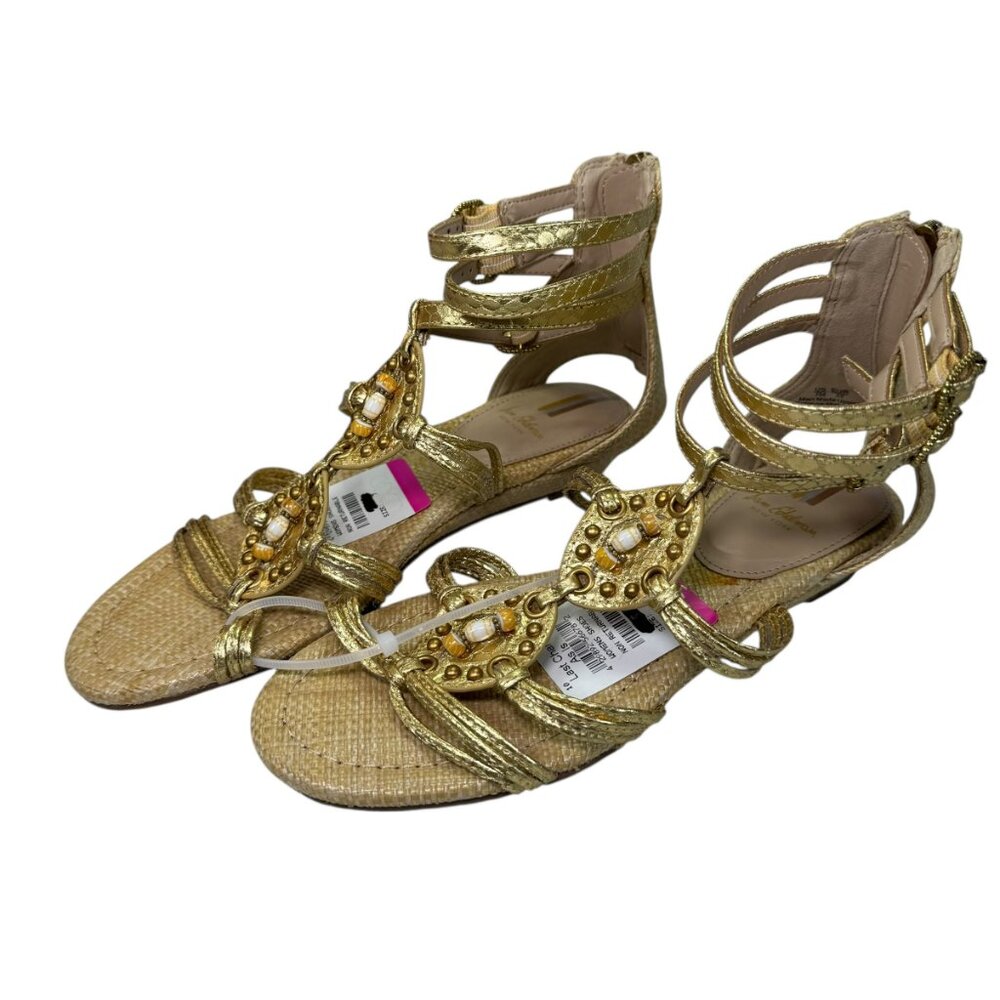 NWT Sam Edelman Gold Danica Beaded Gladiator Sandals Size 7 Raffia Wedge
